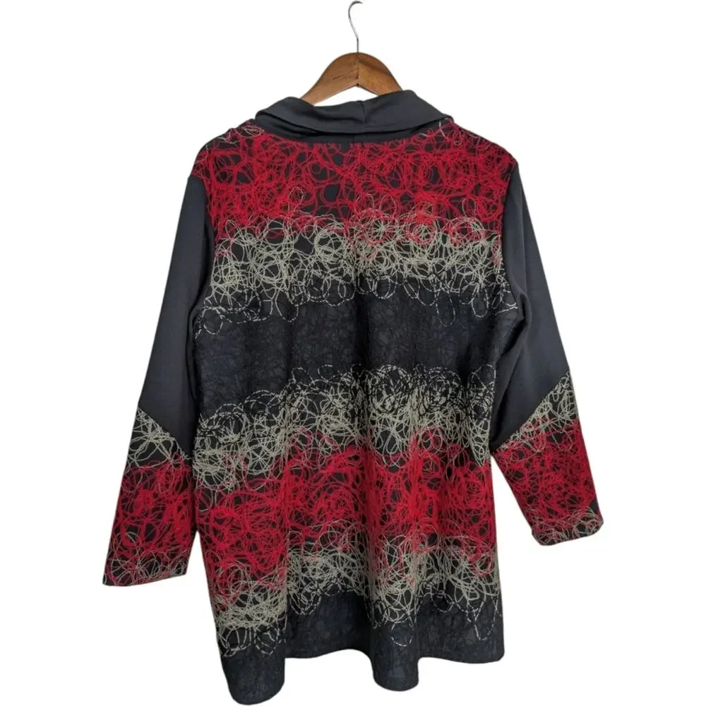 Ali Miles Tunic Top Large Cowl Neck Yarn Applique Textured Buckle Red Black Art